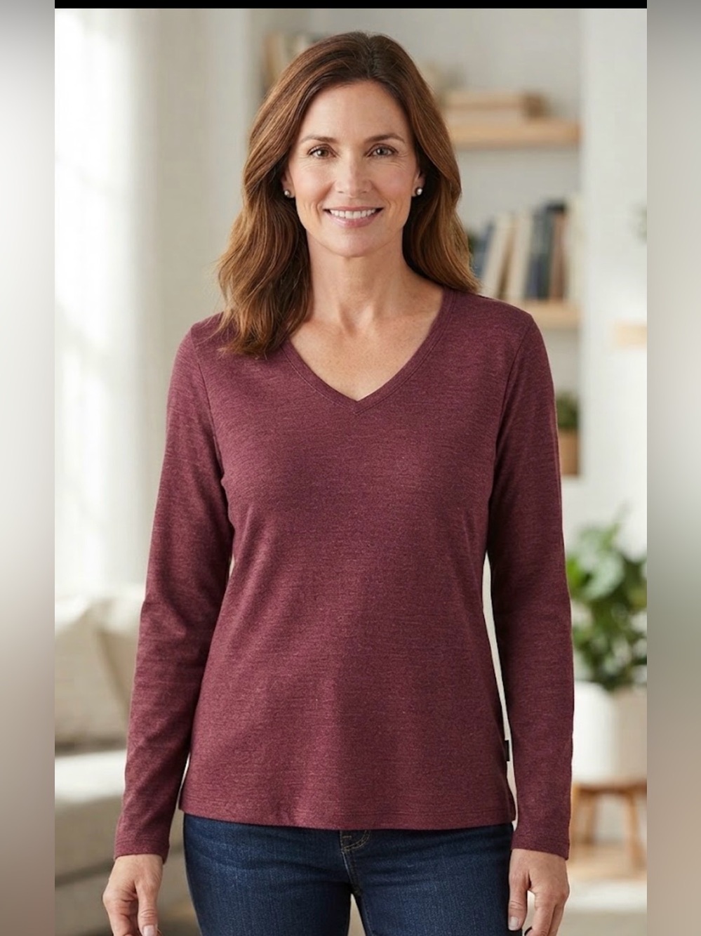 Eddie Bauer Women's V-Neck Long Sleeve Top in Heathered Burgundy Size Large